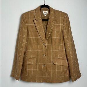 Vintage Talbots Size 10 Wool Silk Blend Camel Windowpane Check 3-Button Blazer
